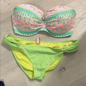 Victoria's Secret Mint Green & Neon Yellow Floral Bandeau Bikini